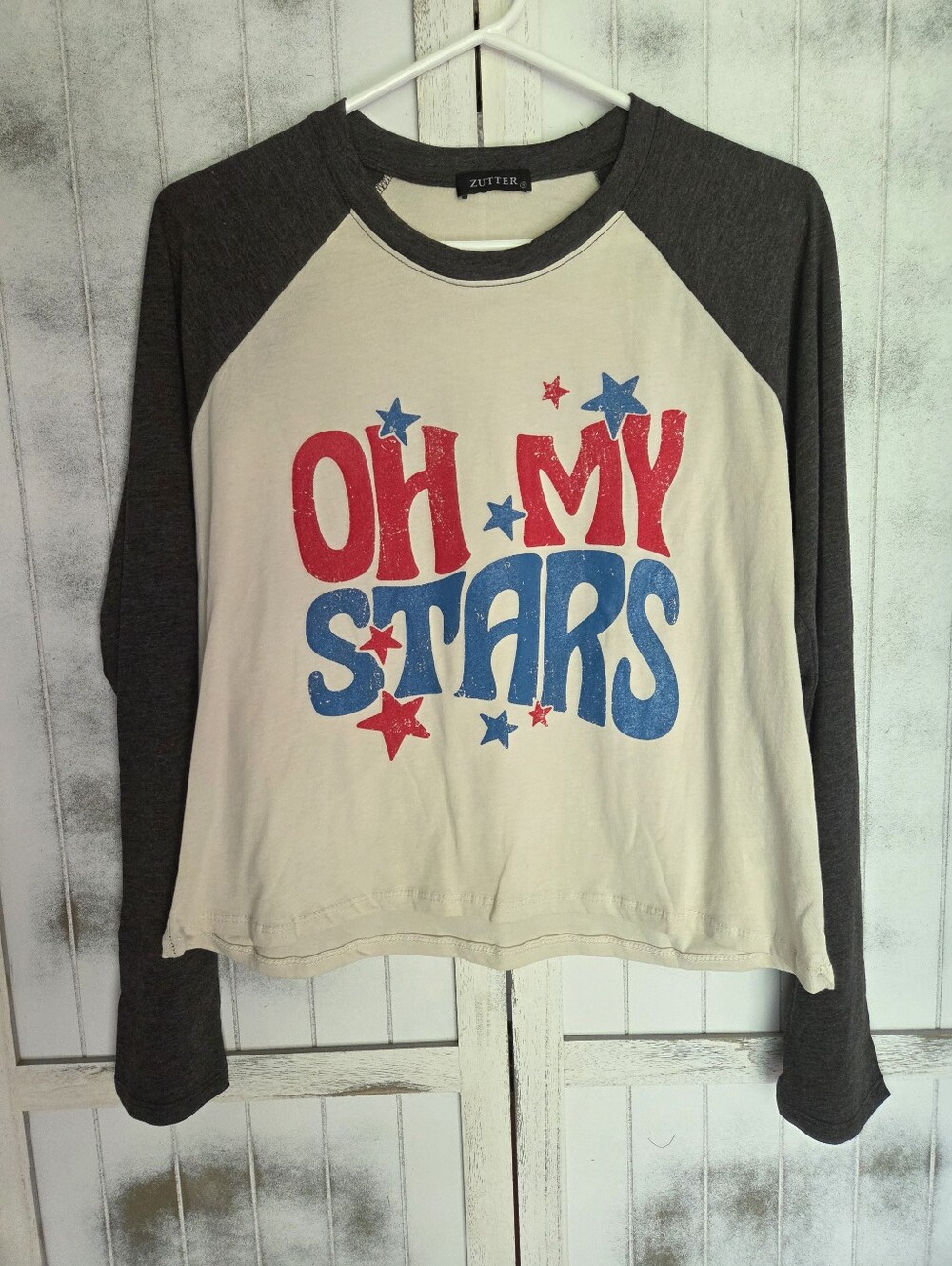Zutter 'OH MY STARS' Raglan Graphic Long Sleeve Tee - Red & Blue Print